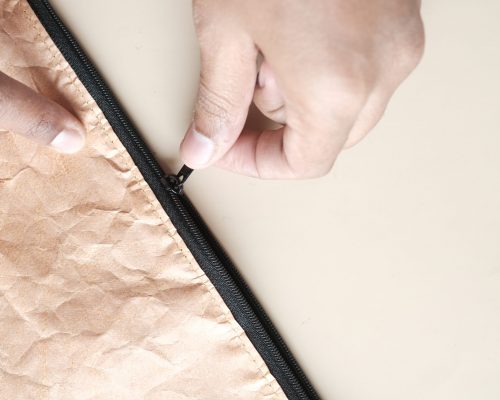 hand in a Zipper on a small paper bag ,